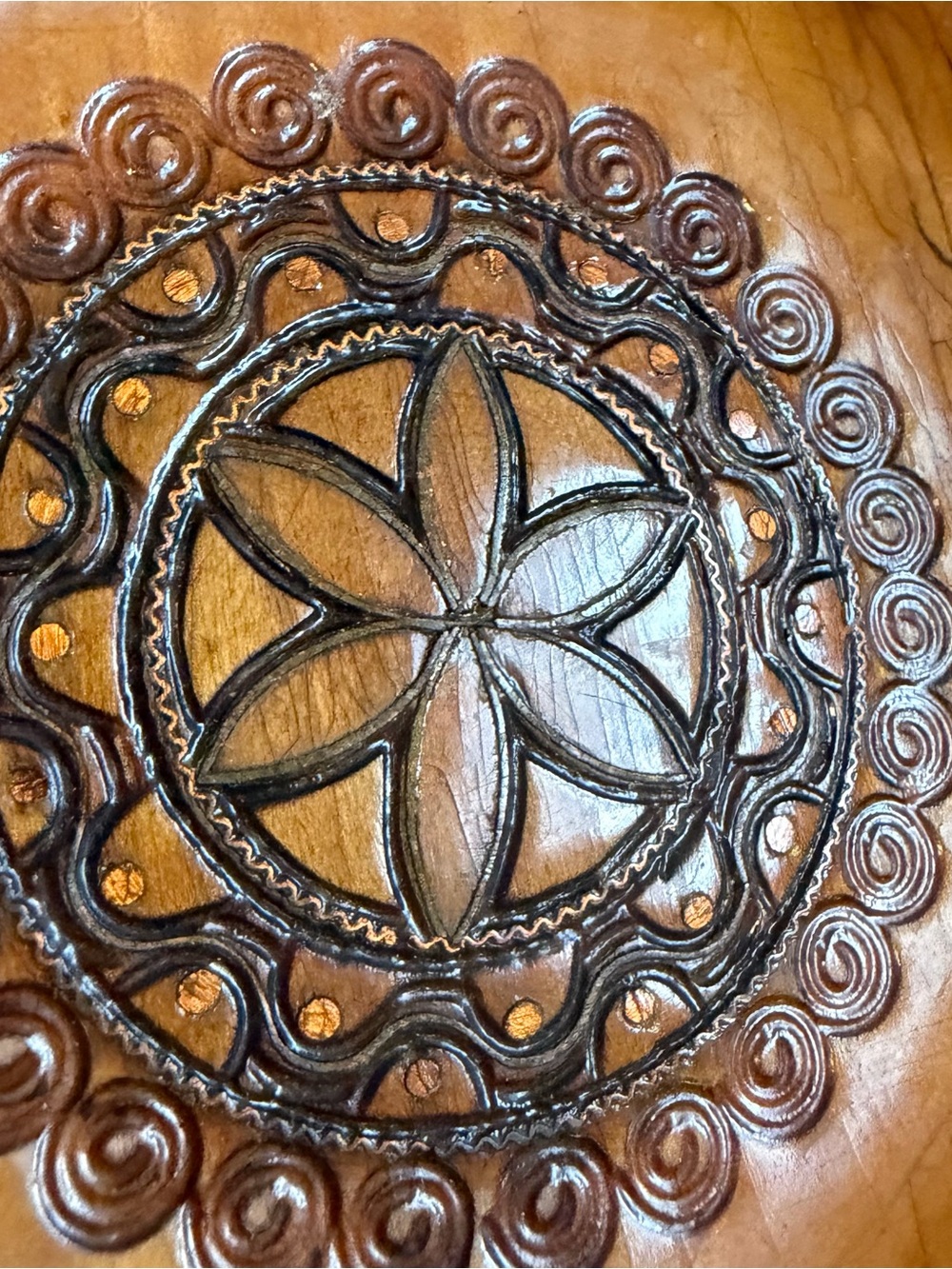 Polish Hand-Carved Wood Burned Decorative Plate With Brass Inlay